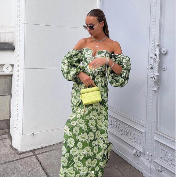 Zara Floral Off The Shoulder Cotton Poplin Maxi Dress Green Size Small - Picture 5 of 11